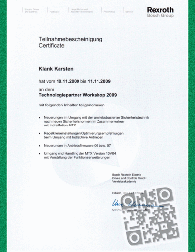 Bosch Rexroth - Zertifikat - Technologiepartner Workshop